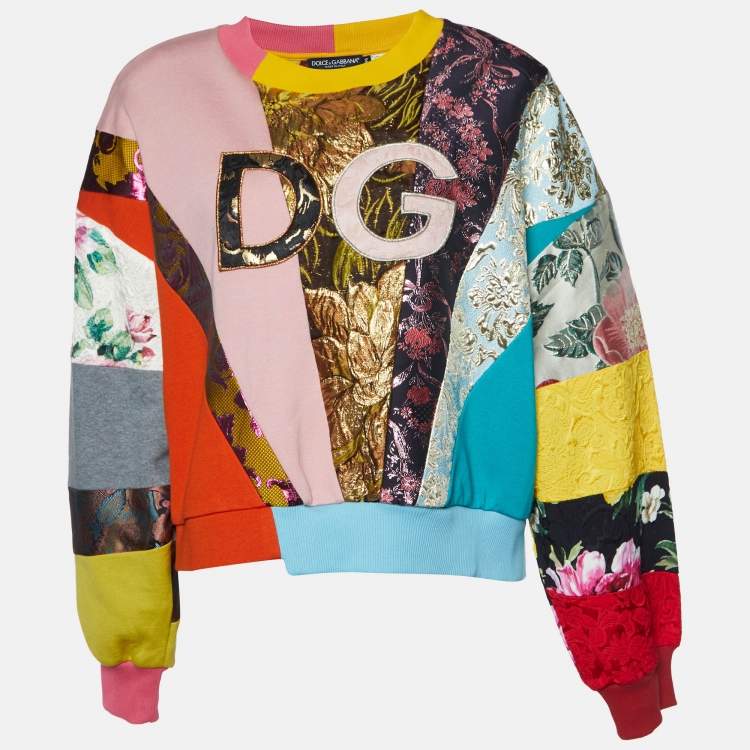 Pre Owned Dolce & Gabbana Multicolor Logo Brocade Patchwork Jumper XS