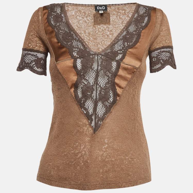 Pre Owned Dolce & Gabbana Brown Lace V Neck Top XS