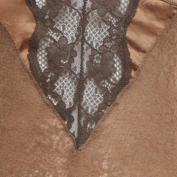 Pre Owned Dolce & Gabbana Brown Lace V Neck Top XS