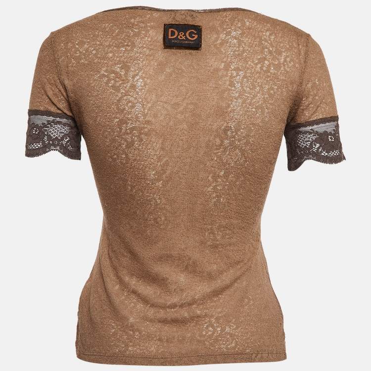 Pre Owned Dolce & Gabbana Brown Lace V Neck Top XS