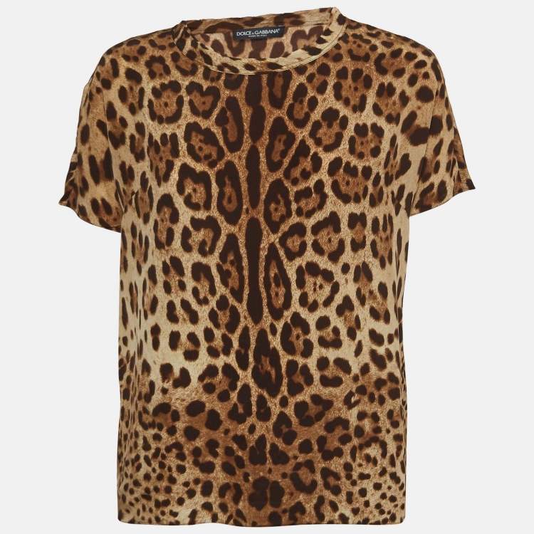 Pre Owned Dolce & Gabbana Brown Leopard Print Silk T-Shirt M