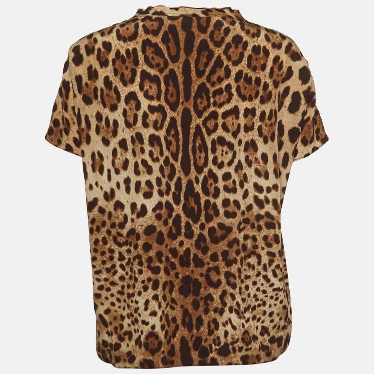 Pre Owned Dolce & Gabbana Brown Leopard Print Silk T-Shirt M