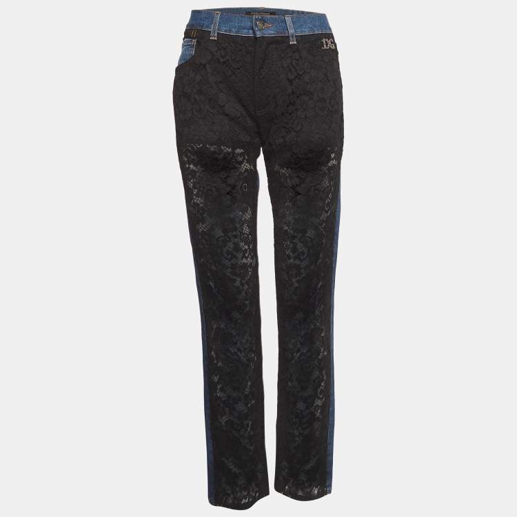 Pre Owned Dolce & Gabbana Black/Blue Lace and Denim Jeans M Waist 31"