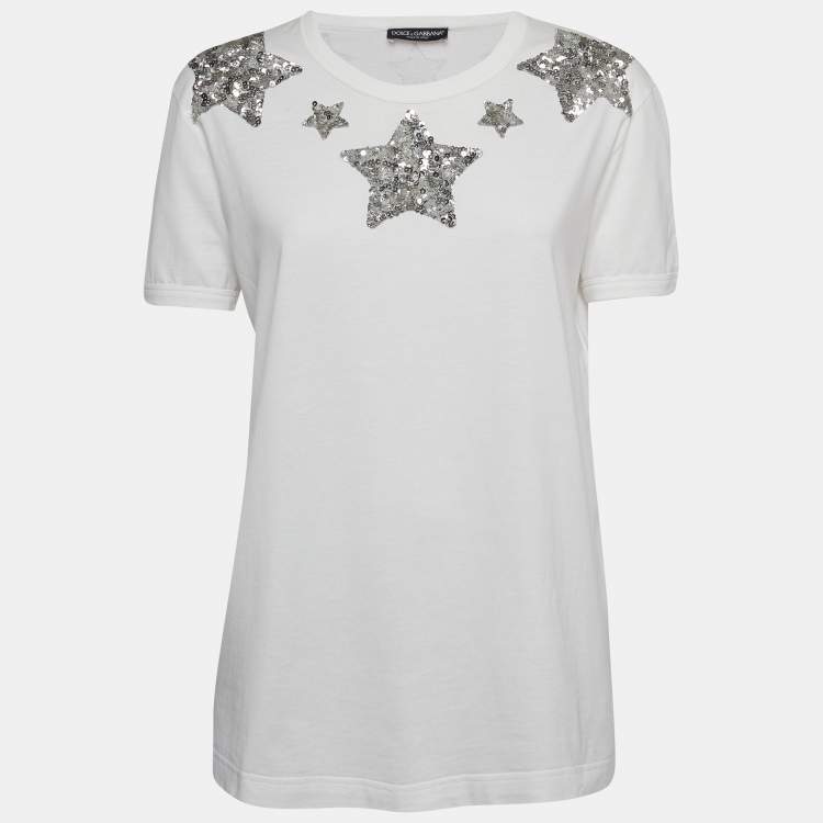Pre Owned Dolce & Gabbana White Star Embroidered Cotton Knit Tshirt S