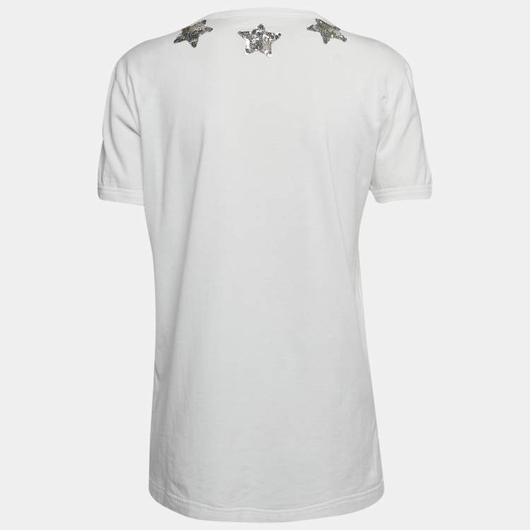 Pre Owned Dolce & Gabbana White Star Embroidered Cotton Knit Tshirt S