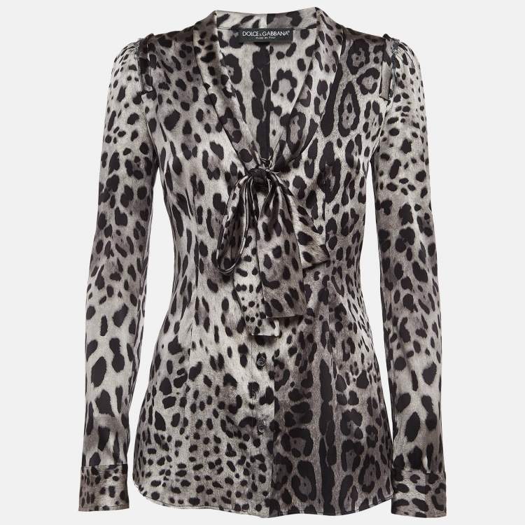 Pre Owned Dolce & Gabbana Grey Leopard Print Silk Buttoned Front Top S