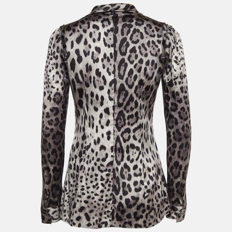 Pre Owned Dolce & Gabbana Grey Leopard Print Silk Buttoned Front Top S