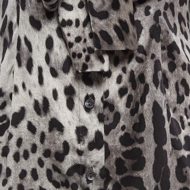 Pre Owned Dolce & Gabbana Grey Leopard Print Silk Buttoned Front Top S