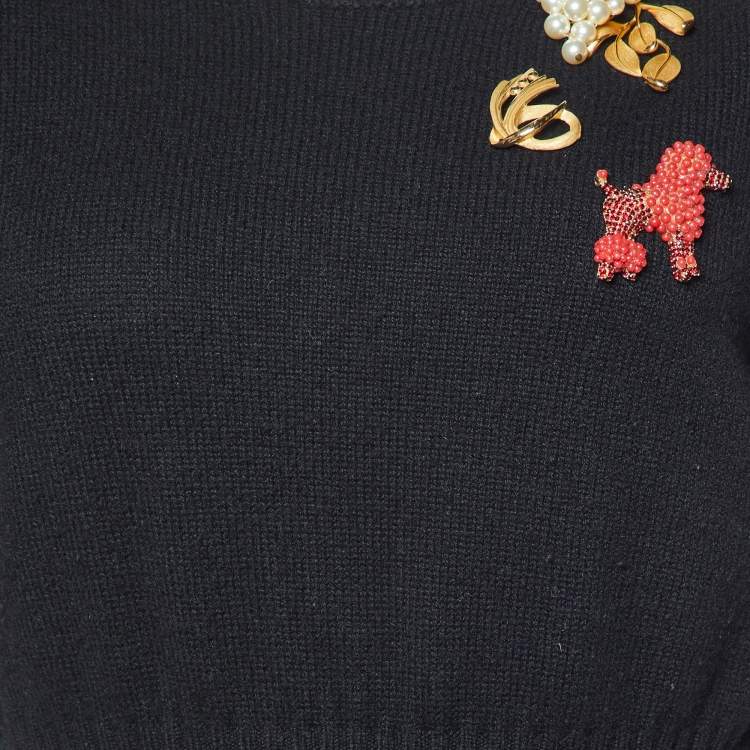 Pre Owned Dolce & Gabbana Black Cashmere Brooch Embellished Sweater L