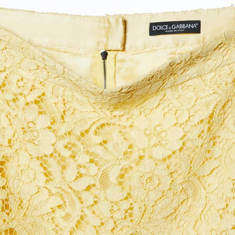 Pre Owned Dolce & Gabbana Yellow Floral Lace Knee Length Skirt M