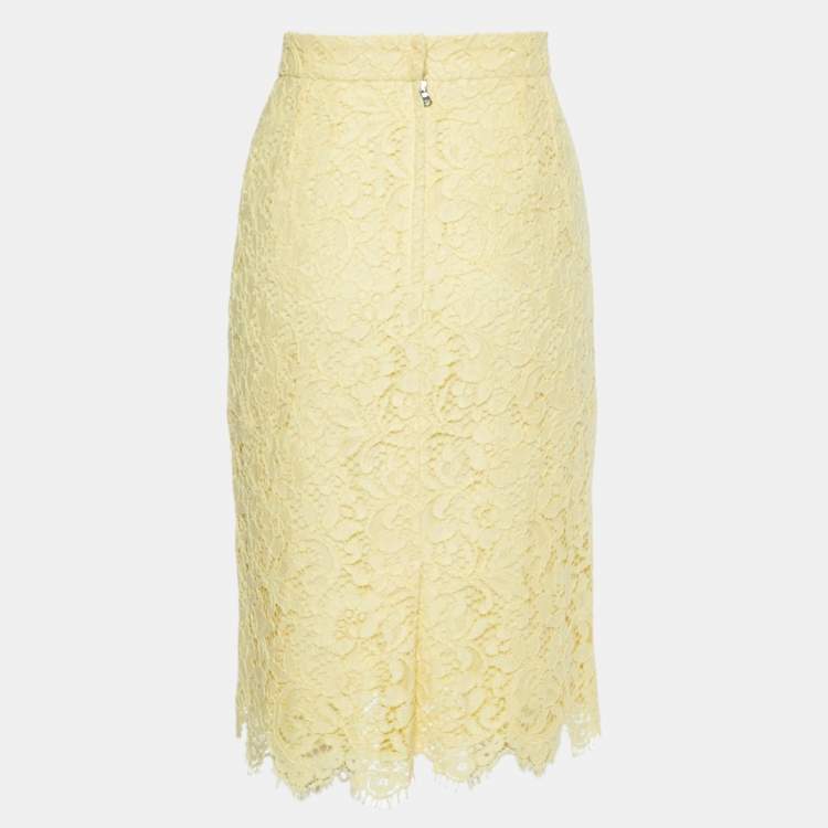 Pre Owned Dolce & Gabbana Yellow Floral Lace Knee Length Skirt M