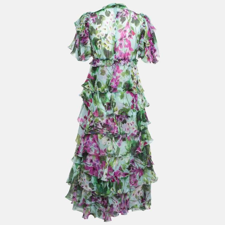 مملوكة مسبقًا Dolce & Gabbana Green/Purple Floral Print Silk Ruffled Midi Dress XS