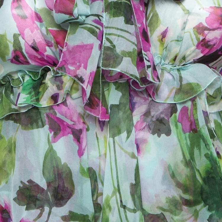 مملوكة مسبقًا Dolce & Gabbana Green/Purple Floral Print Silk Ruffled Midi Dress XS