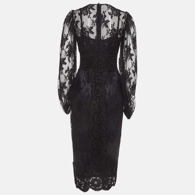 Pre Owned Dolce & Gabbana Black Floral Patterned Lace Midi Dress S