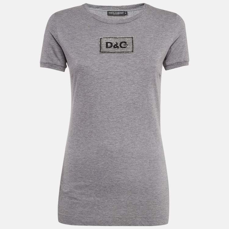 Pre Owned Dolce & Gabbana Grey Logo Embellished Cotton Knit T-Shirt S