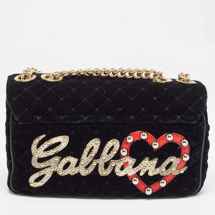 Pre Owned Dolce & Gabbana Black Quilted Velvet and Leather Lucia Embellished Shoulder Bag