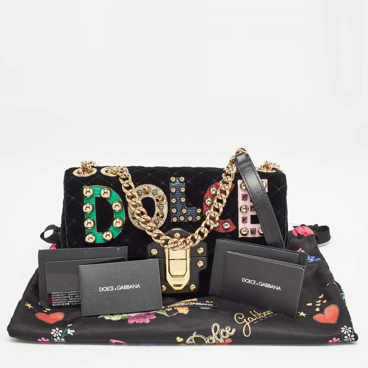 Pre Owned Dolce & Gabbana Black Quilted Velvet and Leather Lucia Embellished Shoulder Bag