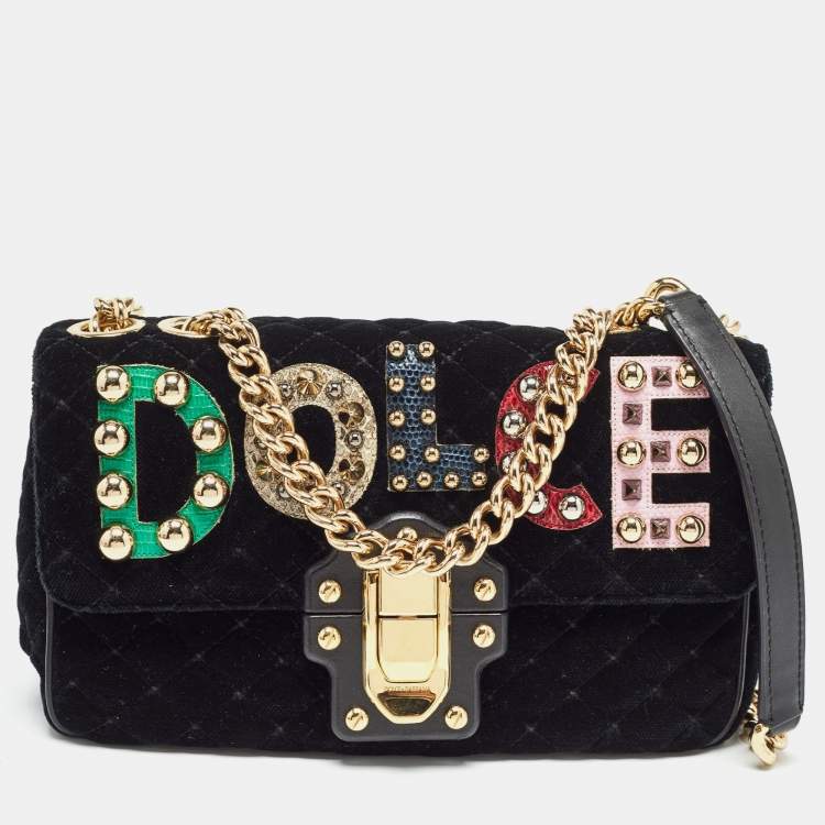 Pre Owned Dolce & Gabbana Black Quilted Velvet and Leather Lucia Embellished Shoulder Bag