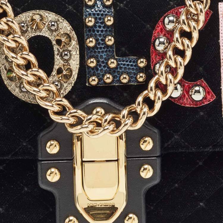 Pre Owned Dolce & Gabbana Black Quilted Velvet and Leather Lucia Embellished Shoulder Bag