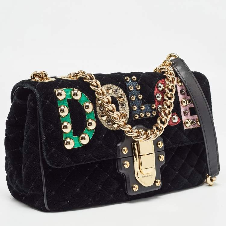 Pre Owned Dolce & Gabbana Black Quilted Velvet and Leather Lucia Embellished Shoulder Bag