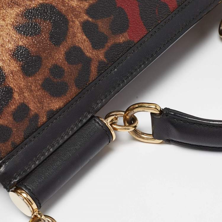 Pre Owned Dolce & Gabbana Black/Brown Leopard Print Coated Canvas Large Miss Sicily Top Handle Bag