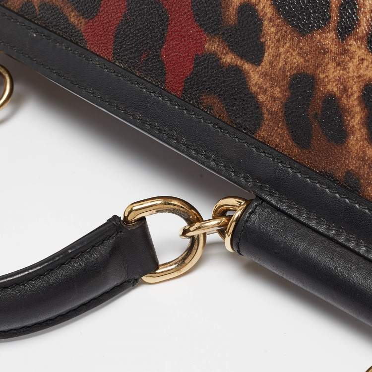 Pre Owned Dolce & Gabbana Black/Brown Leopard Print Coated Canvas Large Miss Sicily Top Handle Bag