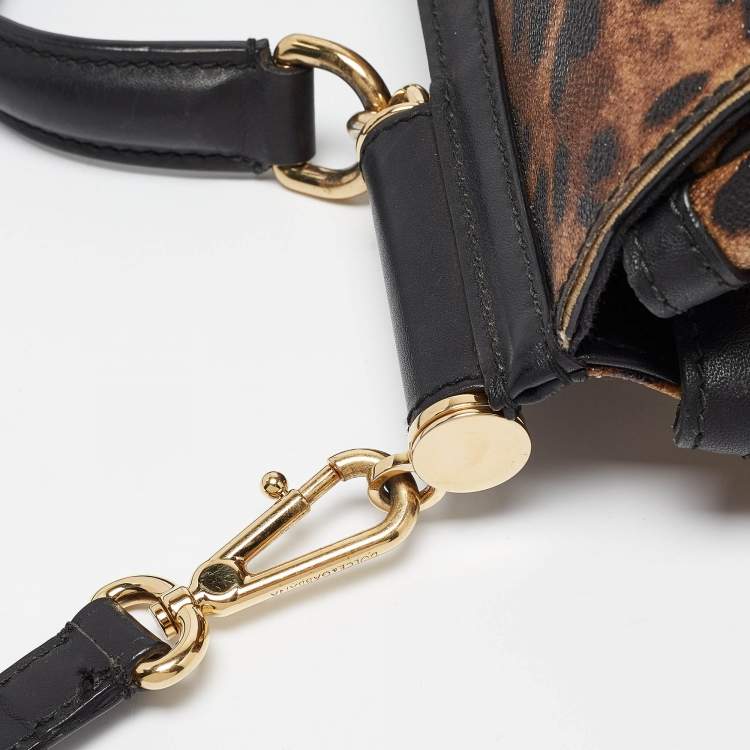 Pre Owned Dolce & Gabbana Black/Brown Leopard Print Coated Canvas Large Miss Sicily Top Handle Bag