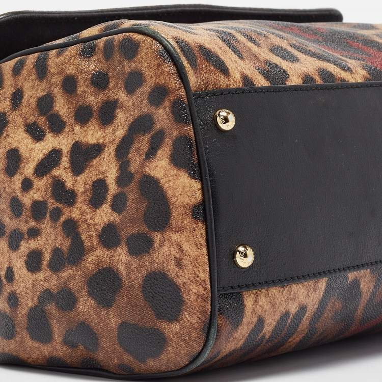 Pre Owned Dolce & Gabbana Black/Brown Leopard Print Coated Canvas Large Miss Sicily Top Handle Bag