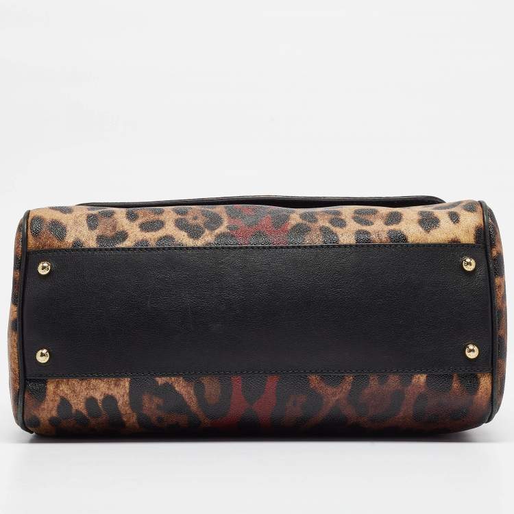 Pre Owned Dolce & Gabbana Black/Brown Leopard Print Coated Canvas Large Miss Sicily Top Handle Bag