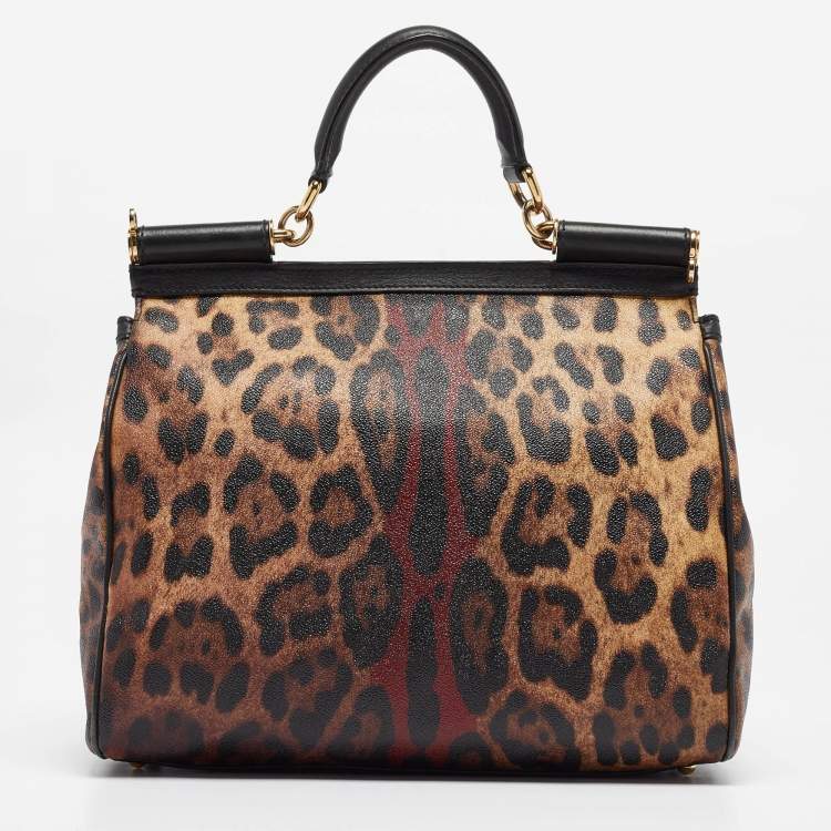 Pre Owned Dolce & Gabbana Black/Brown Leopard Print Coated Canvas Large Miss Sicily Top Handle Bag