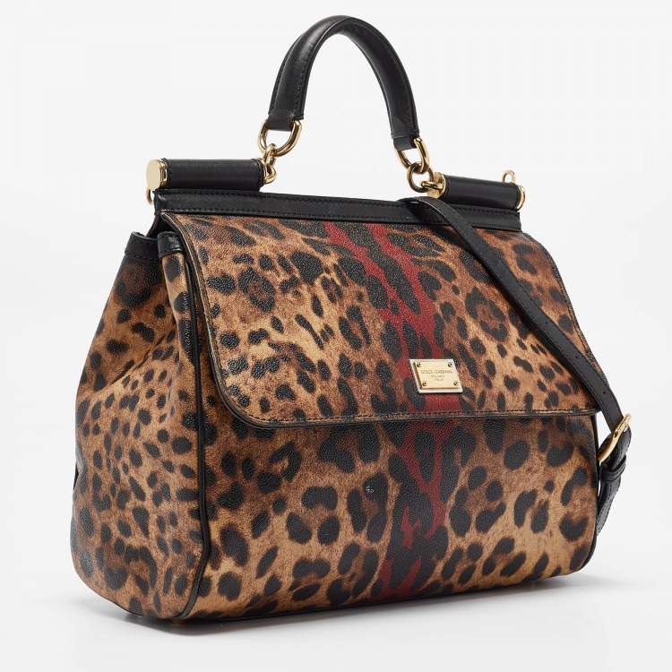 Pre Owned Dolce & Gabbana Black/Brown Leopard Print Coated Canvas Large Miss Sicily Top Handle Bag