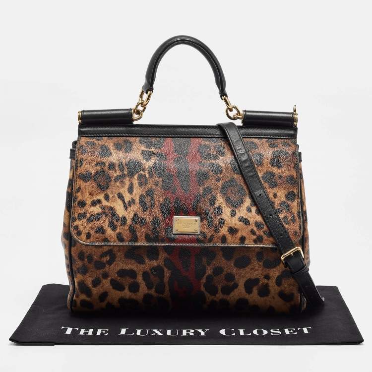 Pre Owned Dolce & Gabbana Black/Brown Leopard Print Coated Canvas Large Miss Sicily Top Handle Bag