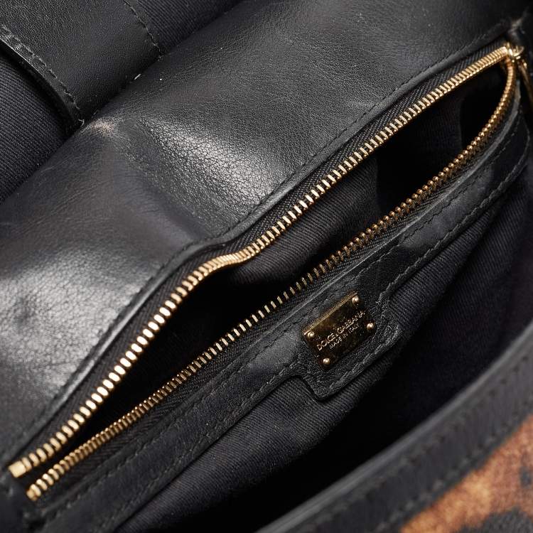 Pre Owned Dolce & Gabbana Black/Brown Leopard Print Coated Canvas Large Miss Sicily Top Handle Bag