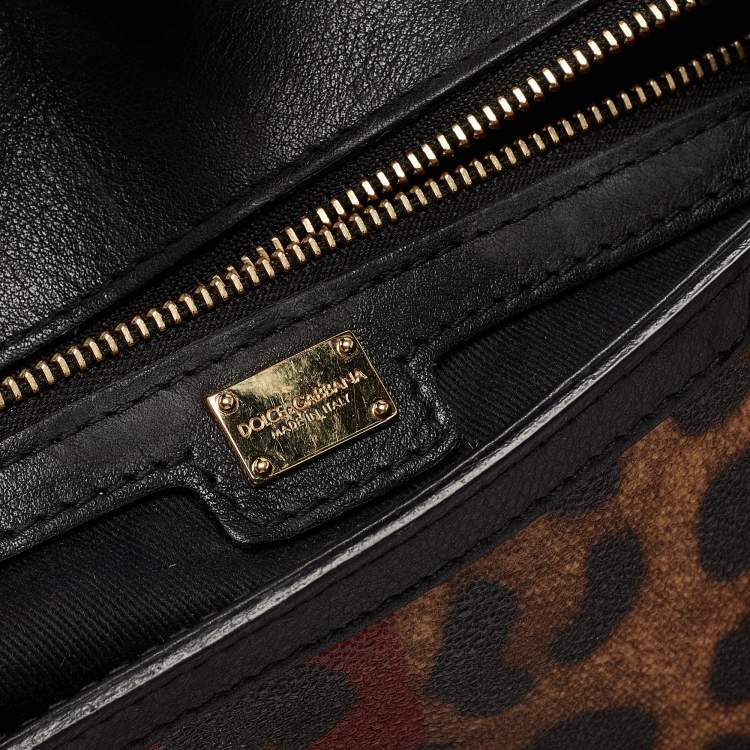 Pre Owned Dolce & Gabbana Black/Brown Leopard Print Coated Canvas Large Miss Sicily Top Handle Bag