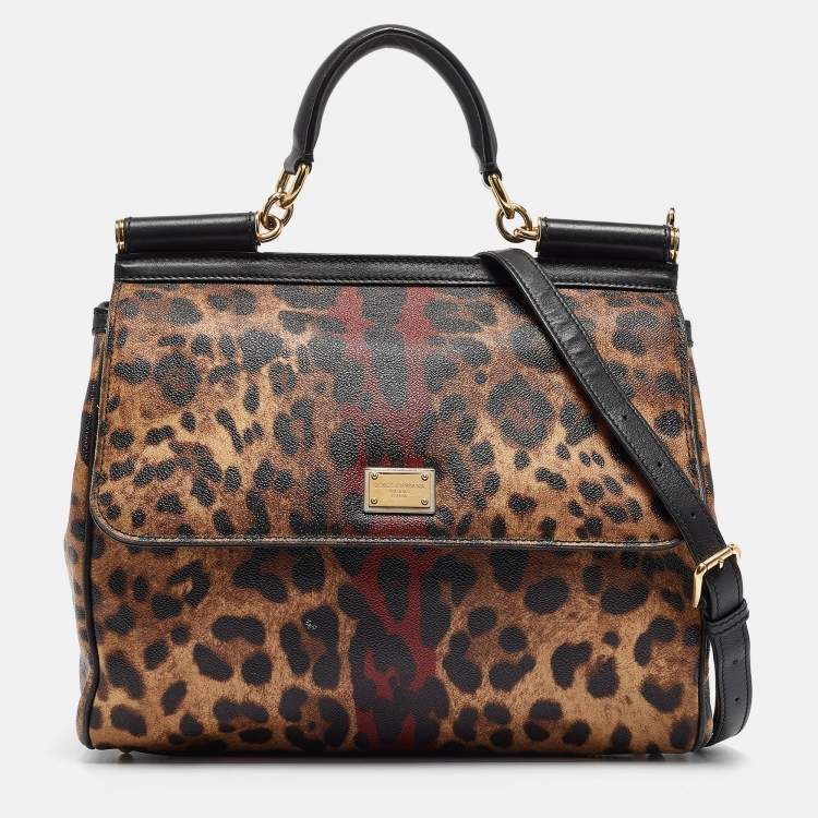 Pre Owned Dolce & Gabbana Black/Brown Leopard Print Coated Canvas Large Miss Sicily Top Handle Bag