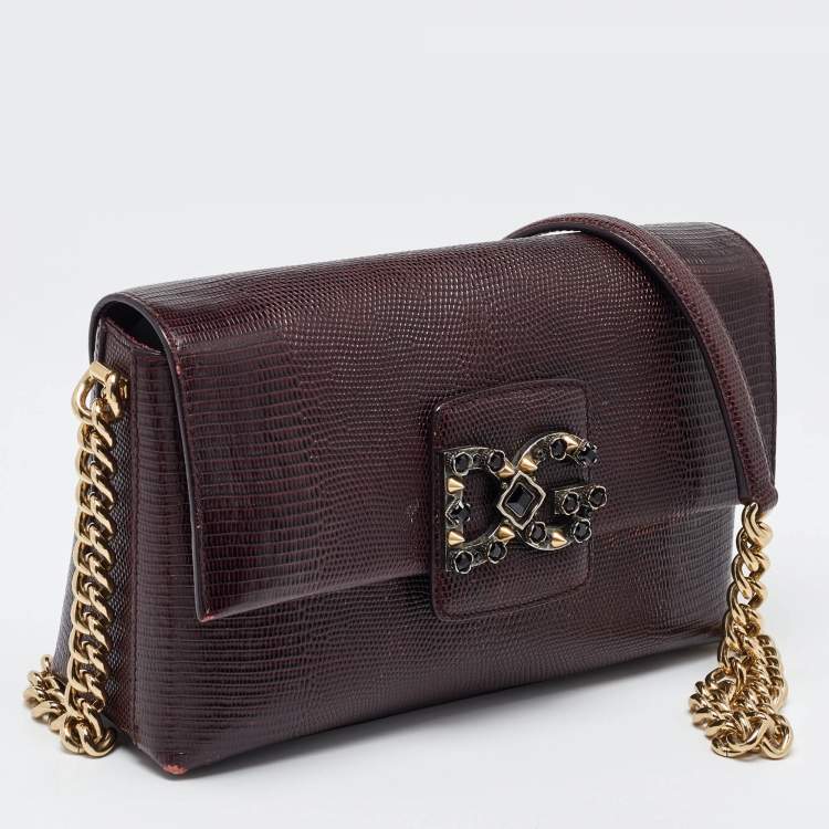 Pre Owned Dolce & Gabbana Burgundy Lizard Embossed Leather DG Millennials Shoulder Bag