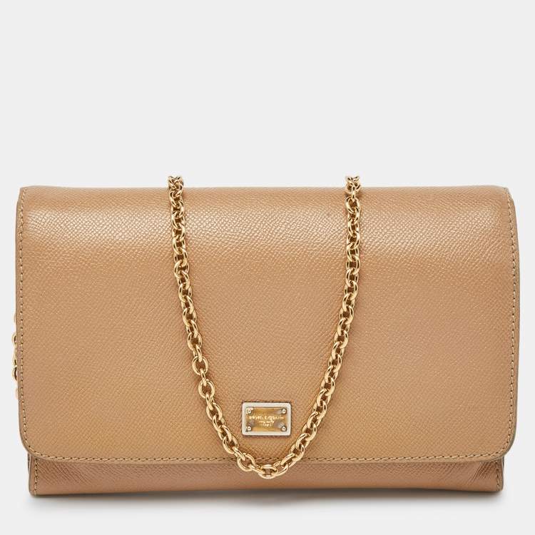 Pre Owned Dolce & Gabbana Beige Leather Flap Crossbody Bag