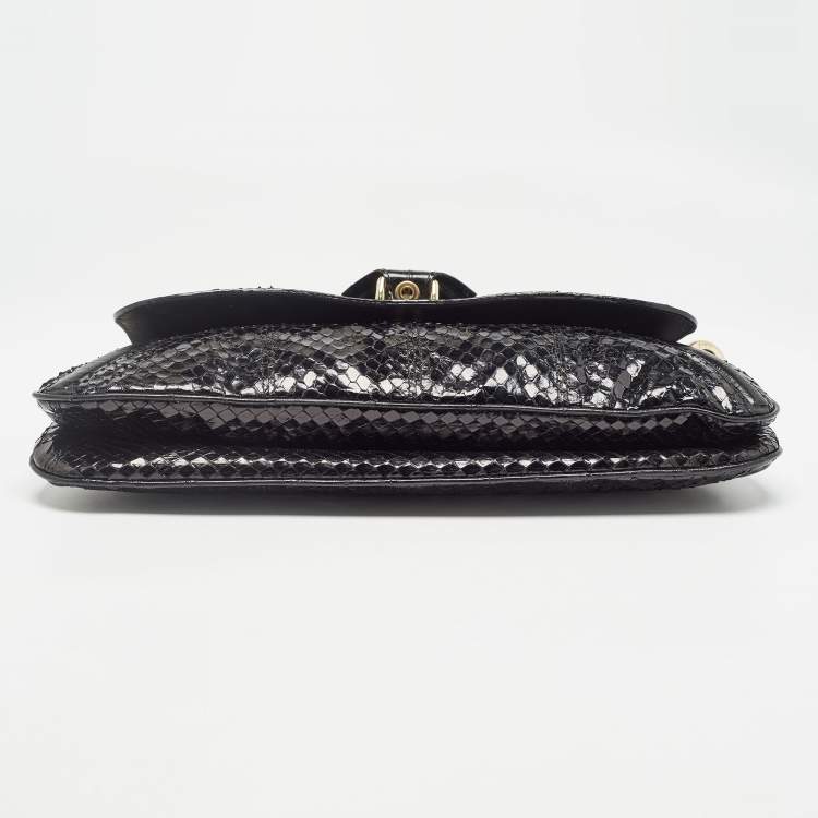 Pre Owned Dolce & Gabbana Black Python and Eel Leather Ring Flap Shoulder Bag