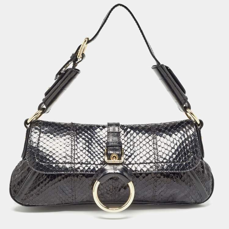 Pre Owned Dolce & Gabbana Black Python and Eel Leather Ring Flap Shoulder Bag