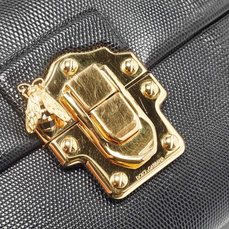 Pre Owned Dolce & Gabbana Black Lizard Embossed Leather Medium Lucia Shoulder Bag