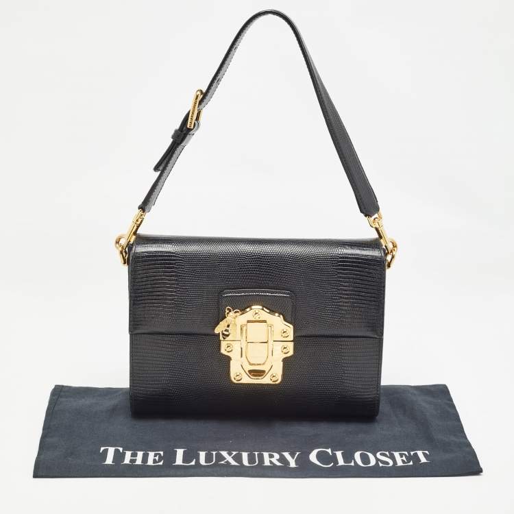 Pre Owned Dolce & Gabbana Black Lizard Embossed Leather Medium Lucia Shoulder Bag