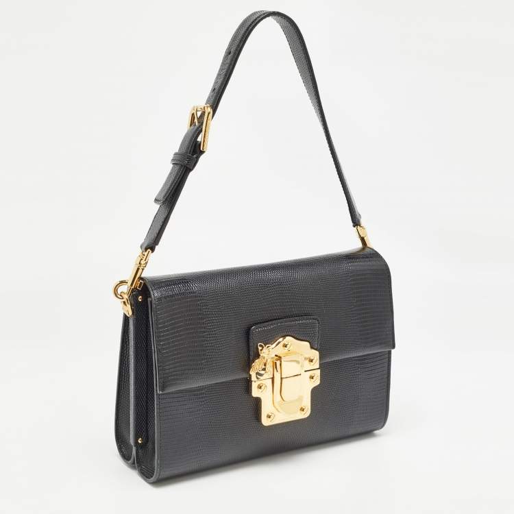 Pre Owned Dolce & Gabbana Black Lizard Embossed Leather Medium Lucia Shoulder Bag