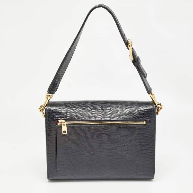 Pre Owned Dolce & Gabbana Black Lizard Embossed Leather Medium Lucia Shoulder Bag