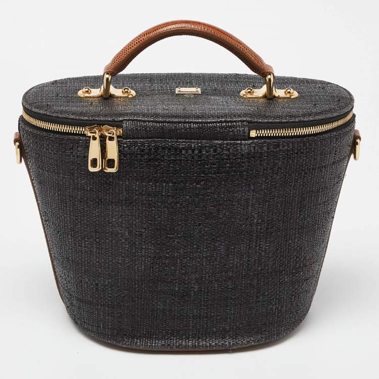 مملوكة مسبقًا Dolce & Gabbana Grey/Brown Raffia and Lizard Embossed Leather Bucket Bag
