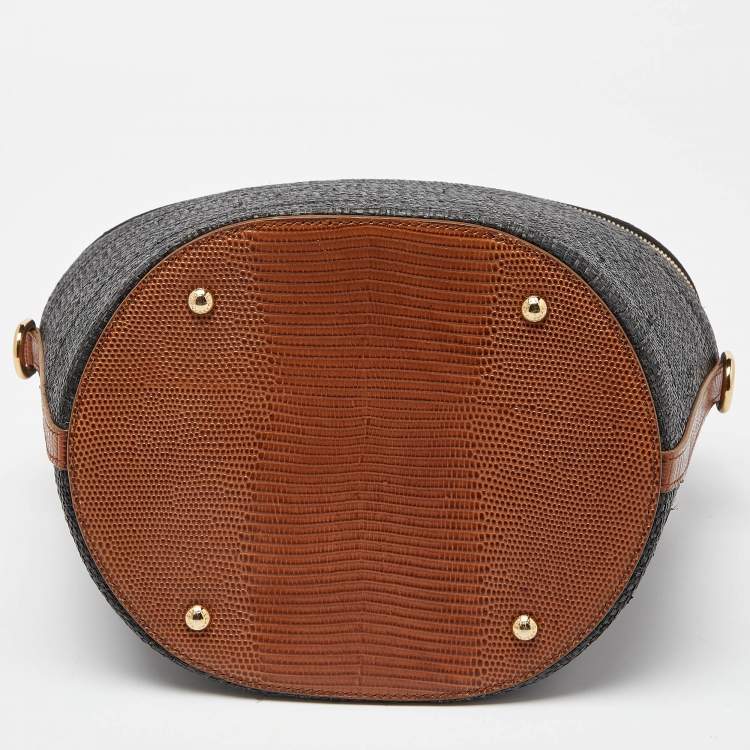 مملوكة مسبقًا Dolce & Gabbana Grey/Brown Raffia and Lizard Embossed Leather Bucket Bag