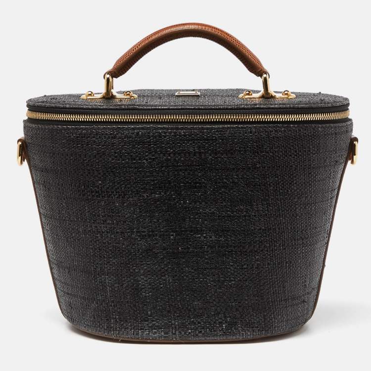 مملوكة مسبقًا Dolce & Gabbana Grey/Brown Raffia and Lizard Embossed Leather Bucket Bag
