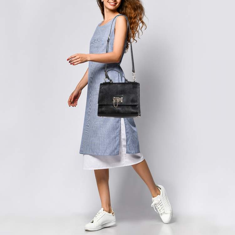 مملوكة مسبقًا Dolce & Gabbana Black Lizard Embossed Leather Medium Miss Monica Top Handle Bag