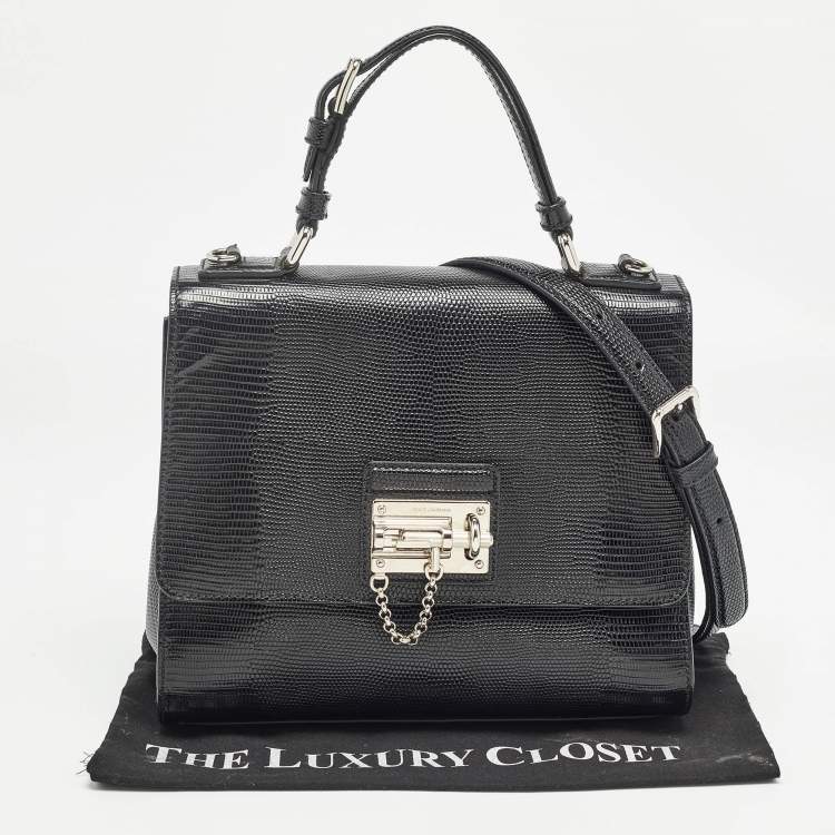 مملوكة مسبقًا Dolce & Gabbana Black Lizard Embossed Leather Medium Miss Monica Top Handle Bag