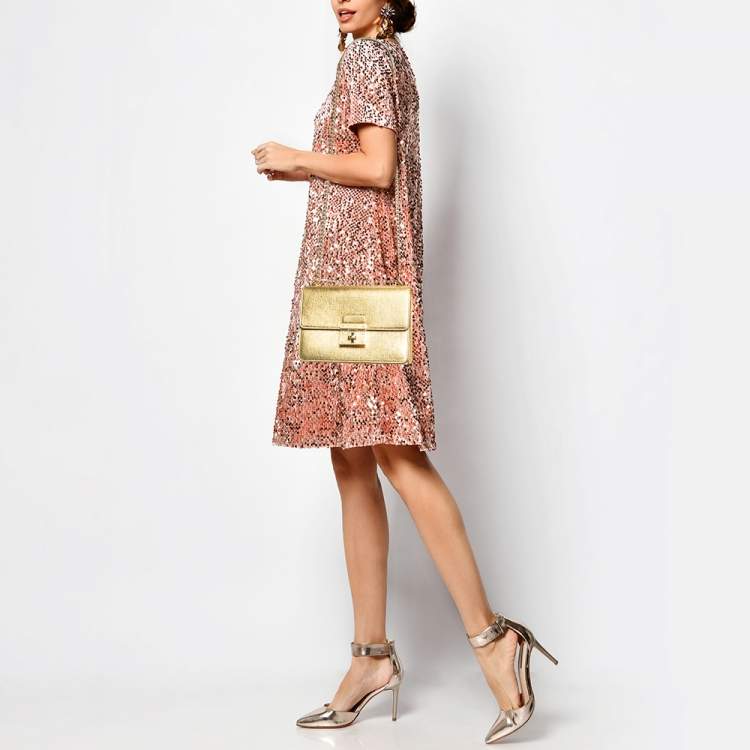 Pre Owned Dolce & Gabbana Gold Leather Small Rosalia Shoulder Bag