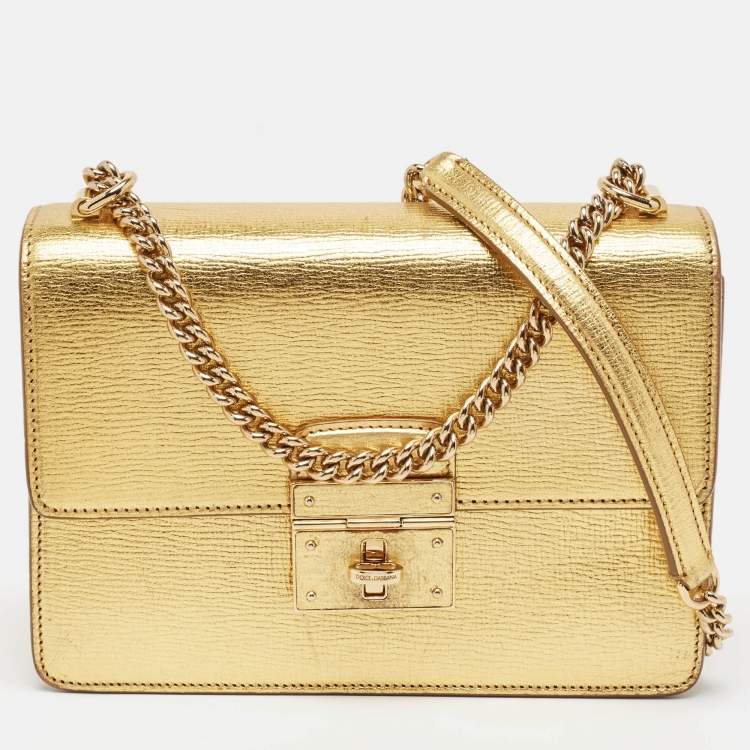 Pre Owned Dolce & Gabbana Gold Leather Small Rosalia Shoulder Bag